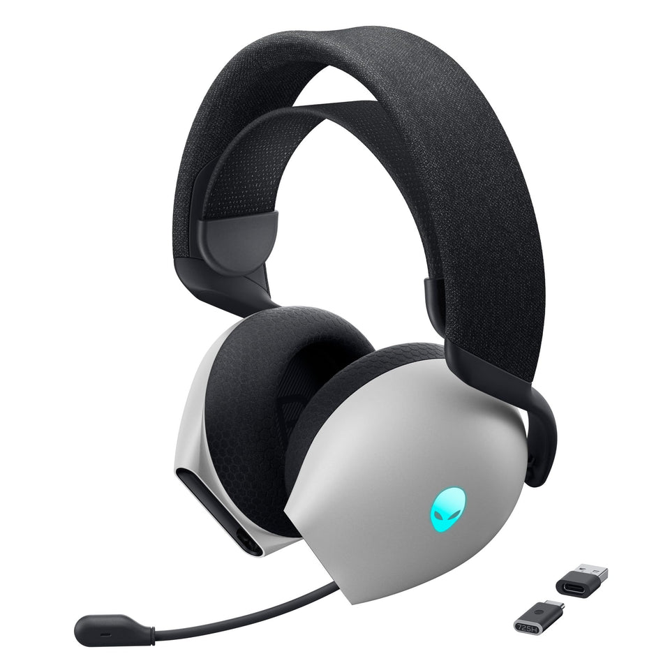 Alienware Tri-Mode Headset Lunar Light front view with vibrant RGB for immersive gaming.