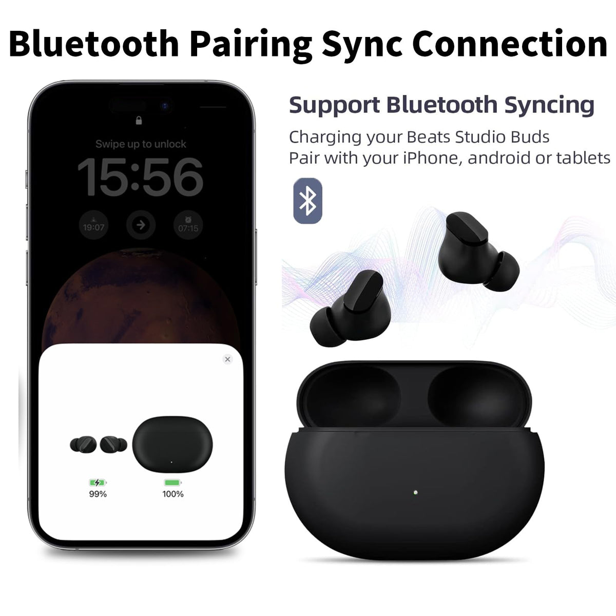 Sync button on Alimingyan Beats Studio Buds+ case enables quick Bluetooth pairing.