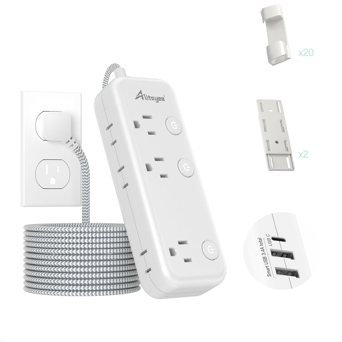 Alitayee 15ft surge protector wall-outlet array for tidy power setups.