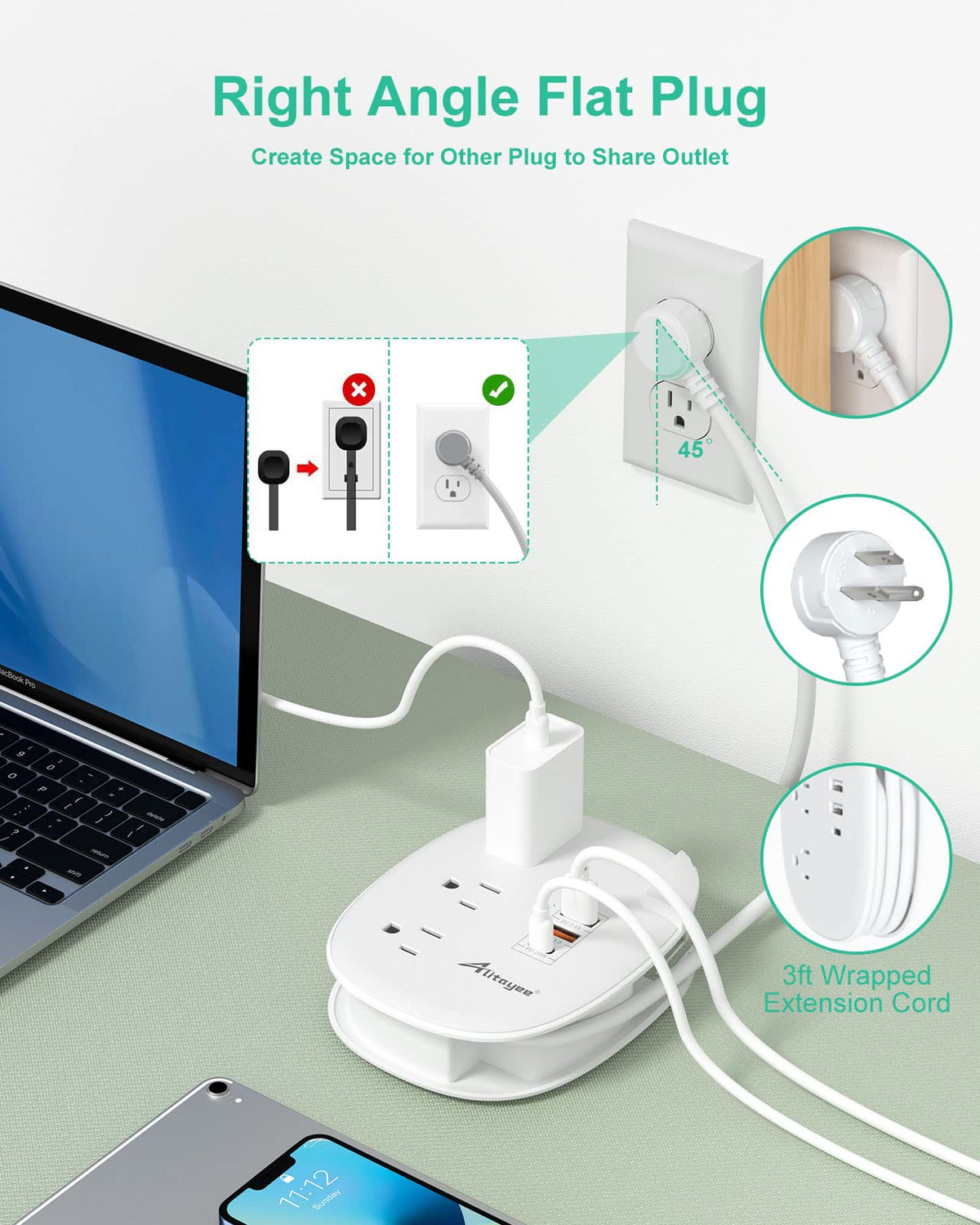 Alitayee 3ft wrapped cord for easy reach and storage