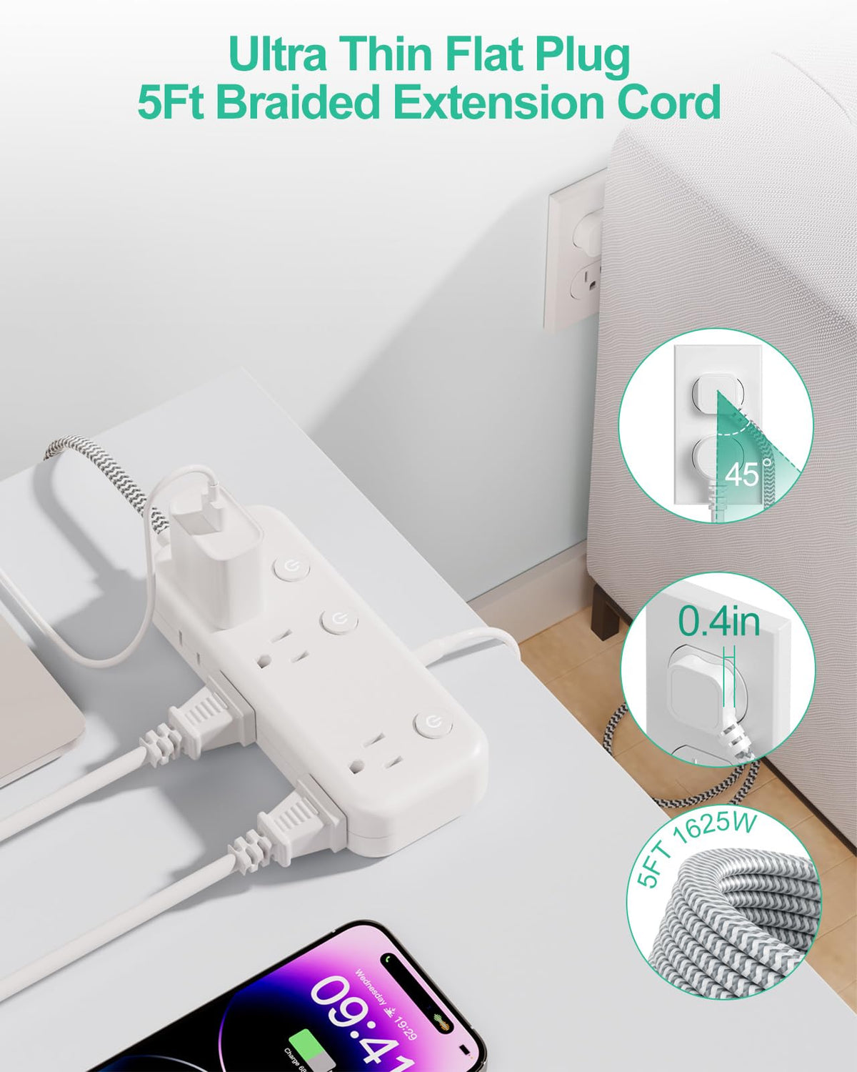 Alitayee Ultra-thin flat plug fits behind furniture and walls