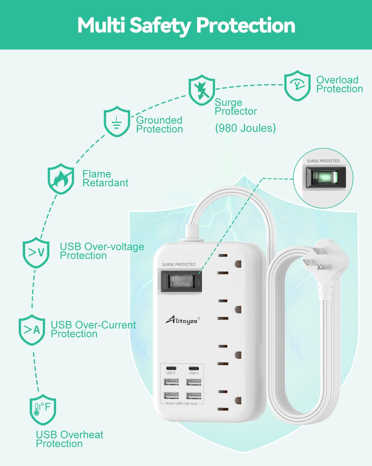 Alitayee 6ft flat extension cord for flexible placement.