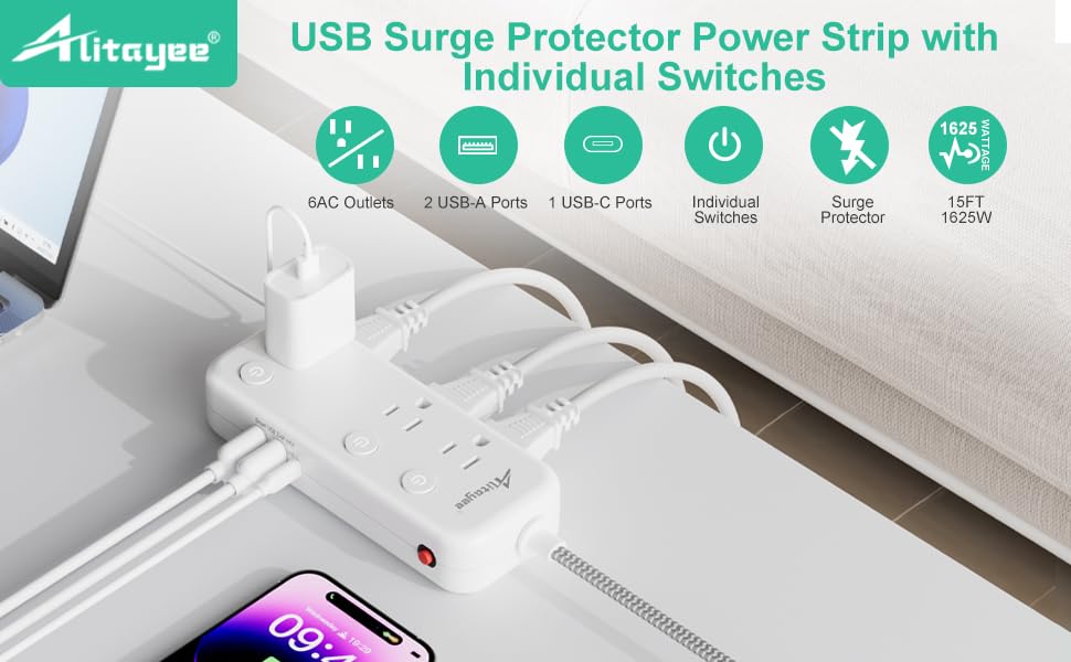 Alitayee dorm room setup using surge protector for organized power.