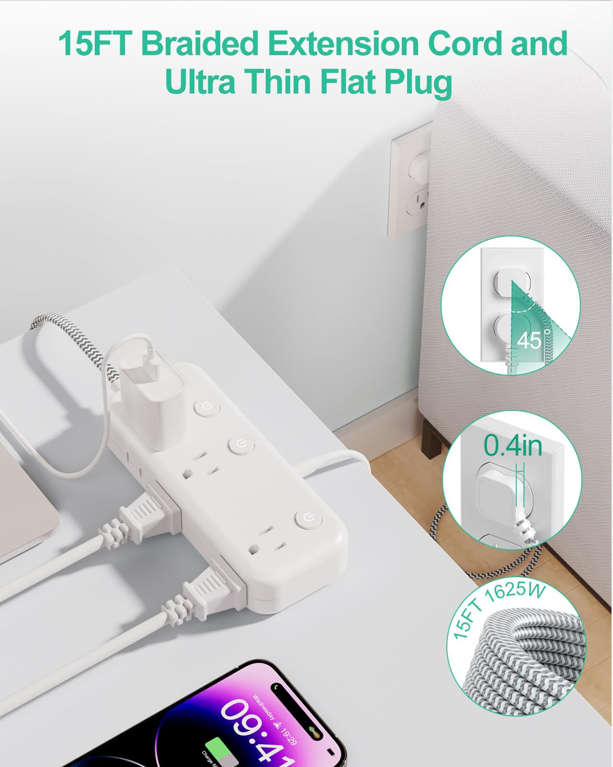 Alitayee flat plug at 45-degree angle fits behind furniture.