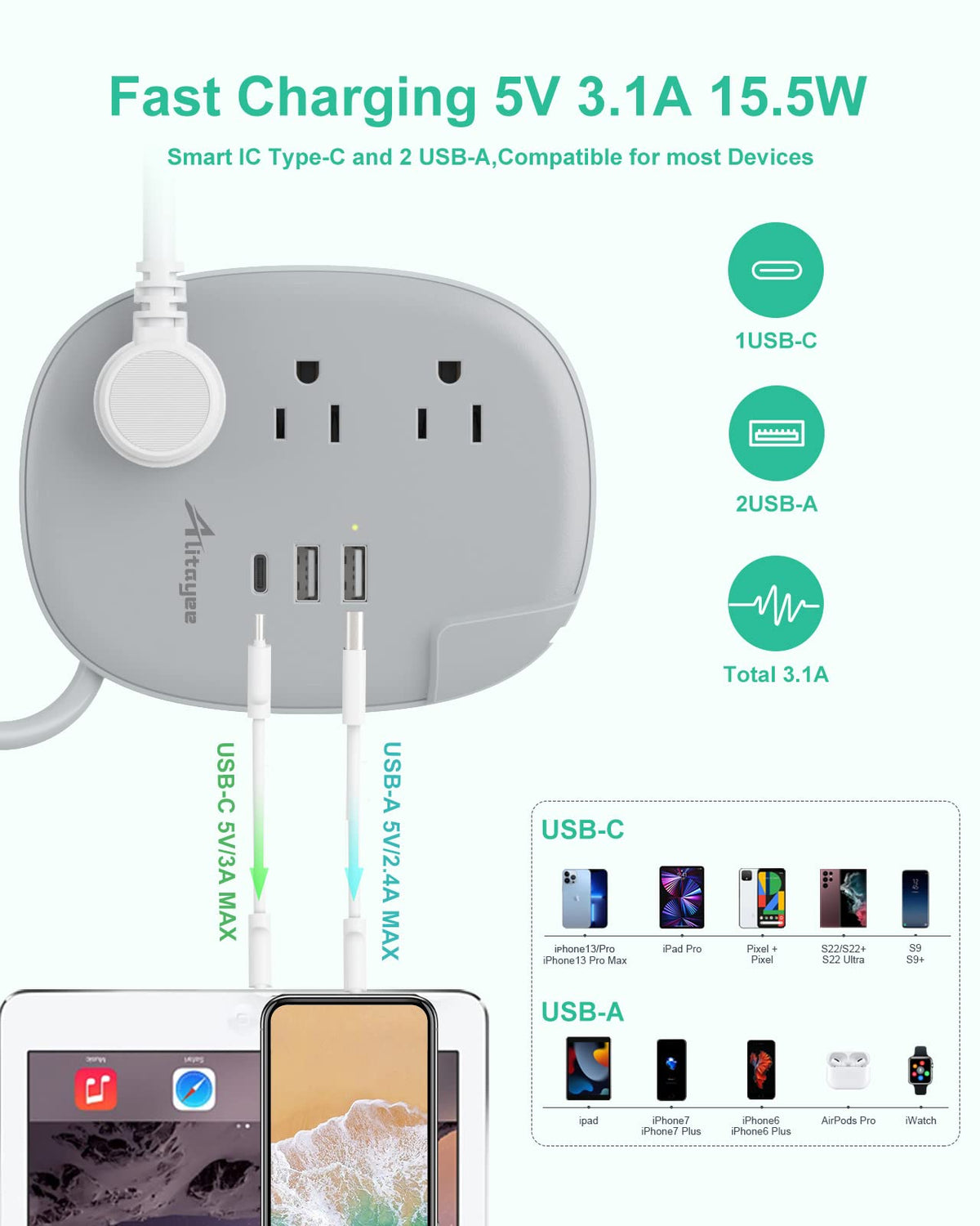 Alitayee close detail of the 45-degree flat plug keeping wall space clear and tidy