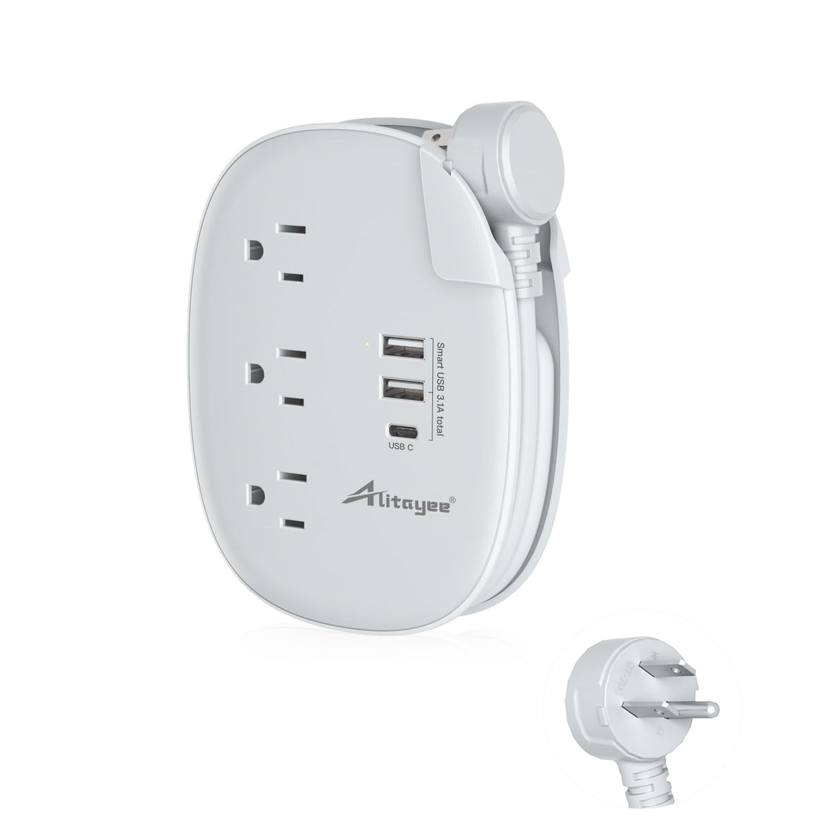 Alitayee front view showing three outlets and three USB ports for multi-device charging
