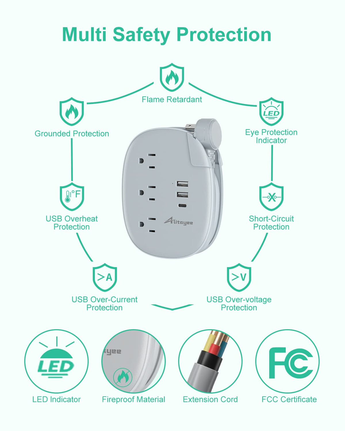 Alitayee on a nightstand powering lamp and phone for convenient bedside charging