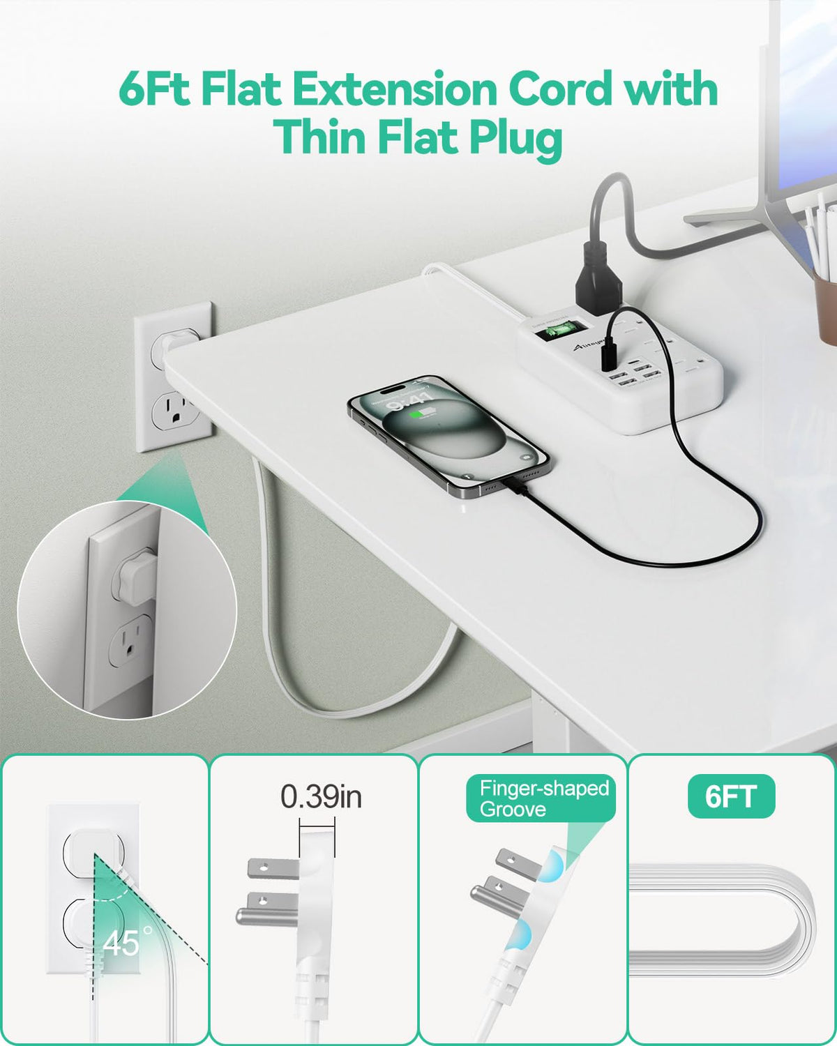 Alitayee ultra-thin flat plug fits close to wall.