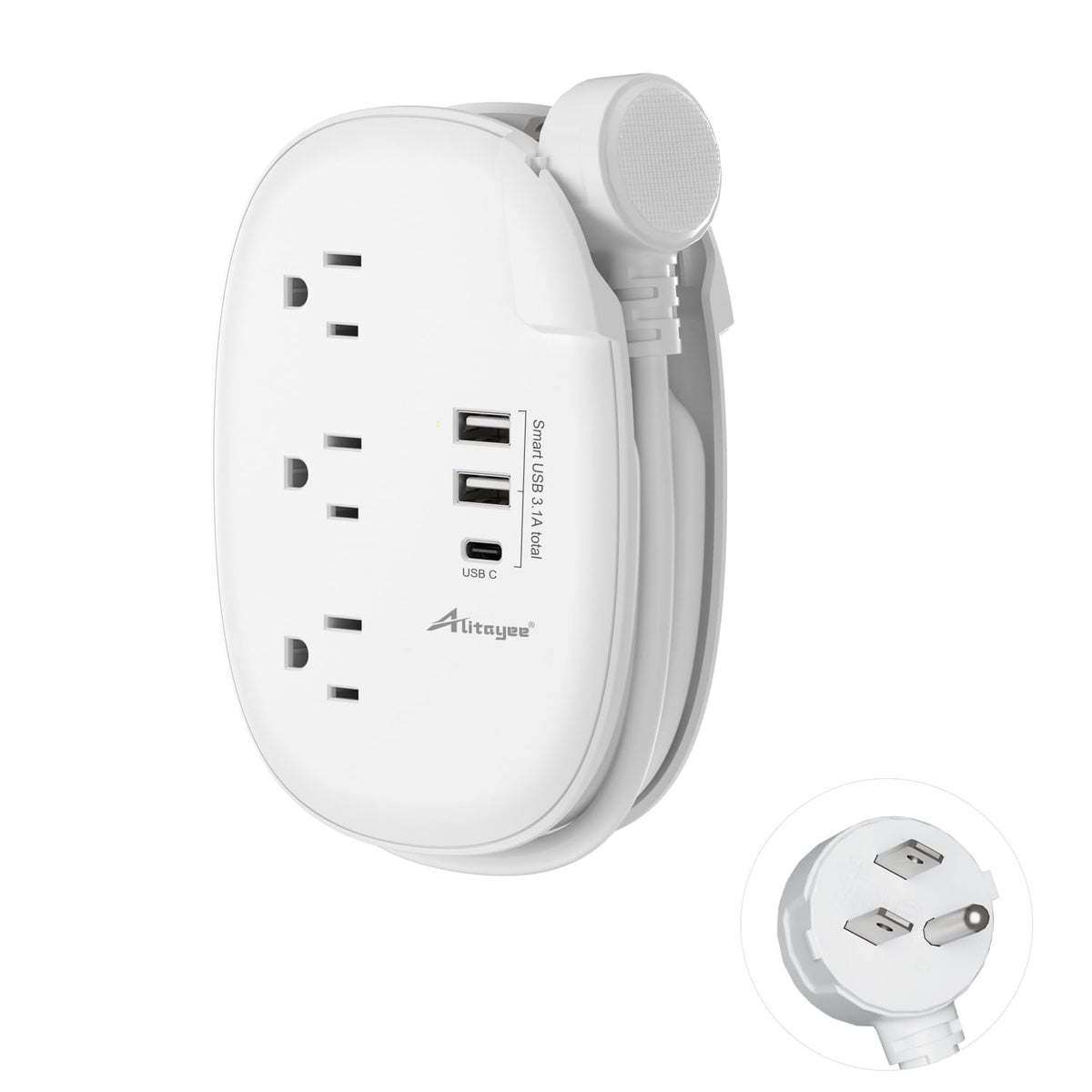 Alitayee USB C Travel Power Strip with 3 outlets and 3 USB ports for versatile charging.
