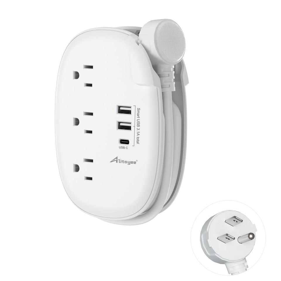 Alitayee USB C Travel Power Strip with 3 outlets and 3 USB ports for versatile charging.