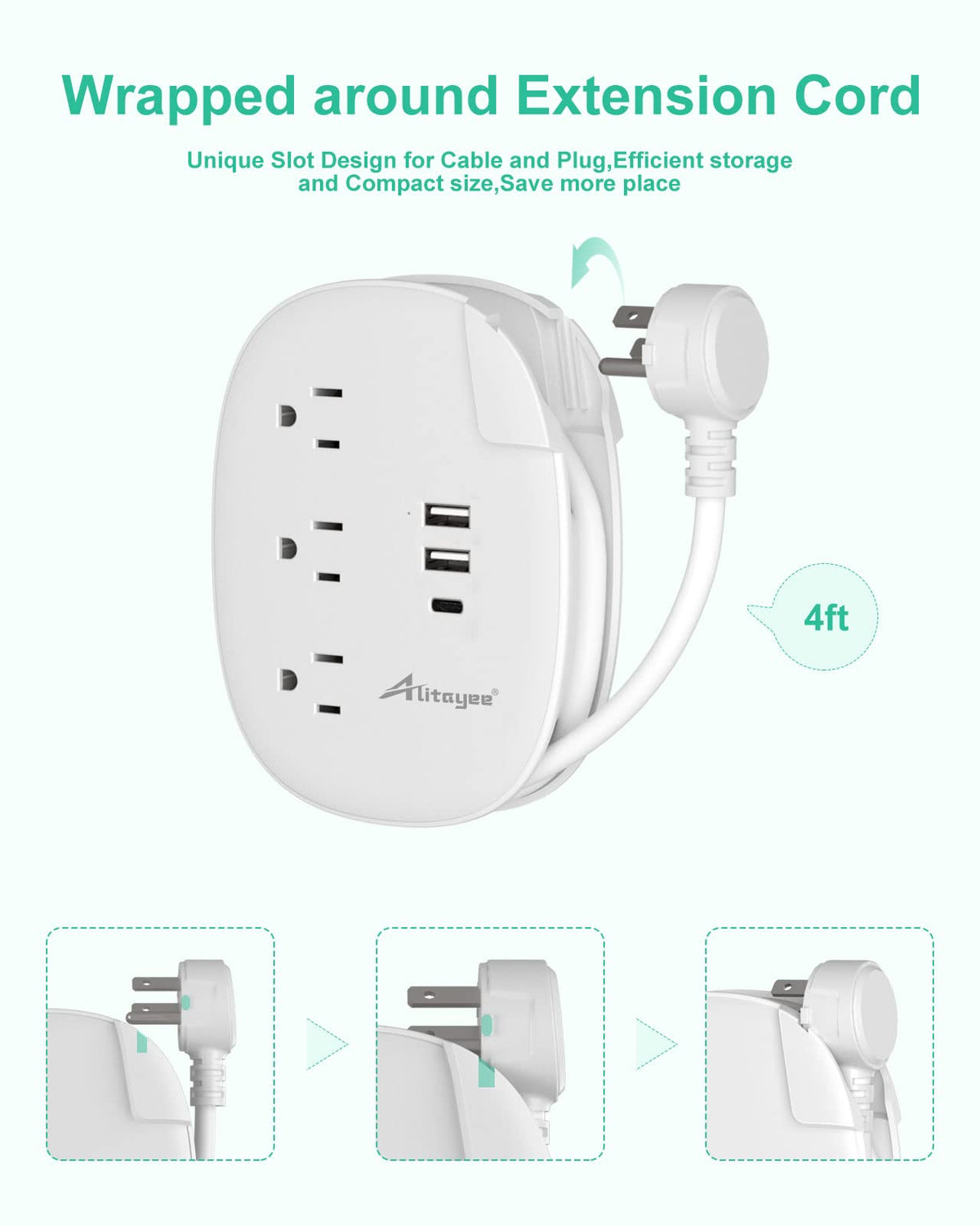 Alitayee USB C Travel Power Strip ideal for dorm rooms and desks.