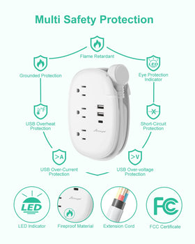 Alitayee USB C Travel Power Strip 3 USB ports auto-detect smart charging.