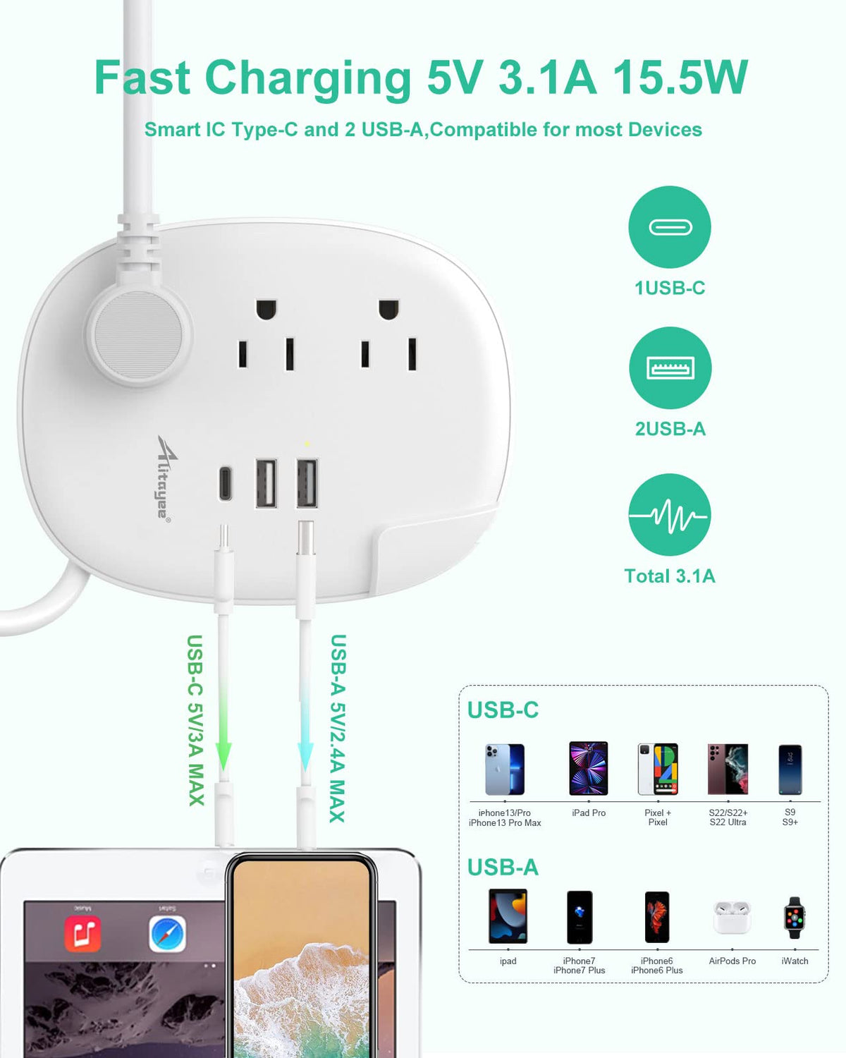 Alitayee USB C Travel Power Strip retractable 4ft cord for easy reach.