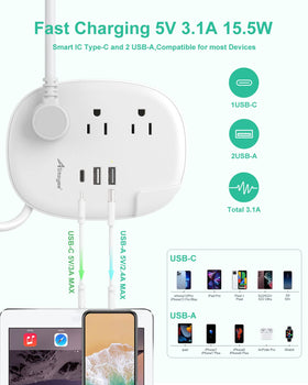 Alitayee USB C Travel Power Strip retractable 4ft cord for easy reach.