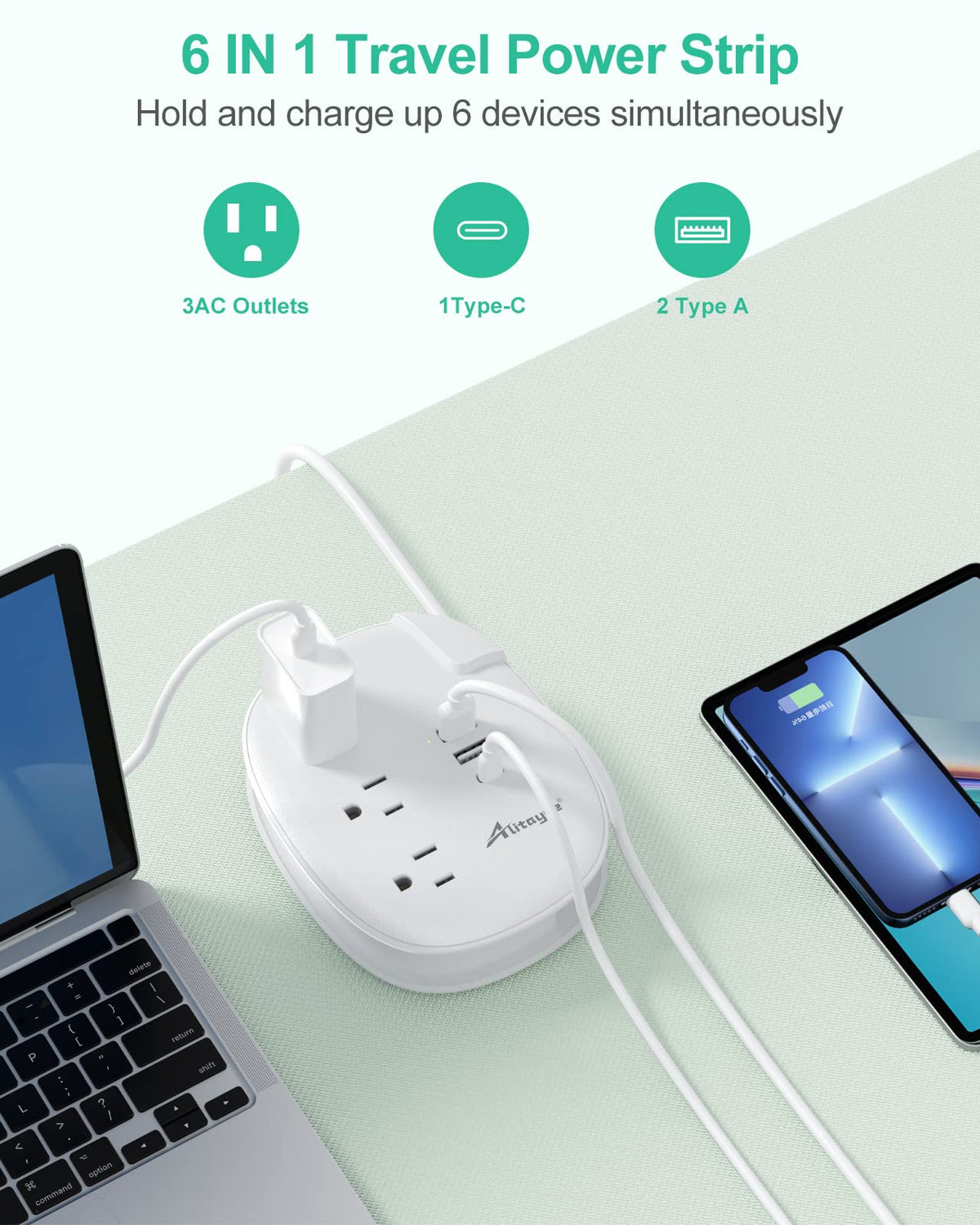Alitayee USB C Travel Power Strip right angle flat plug keeps outlets available.
