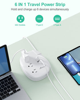 Alitayee USB C Travel Power Strip right angle flat plug keeps outlets available.