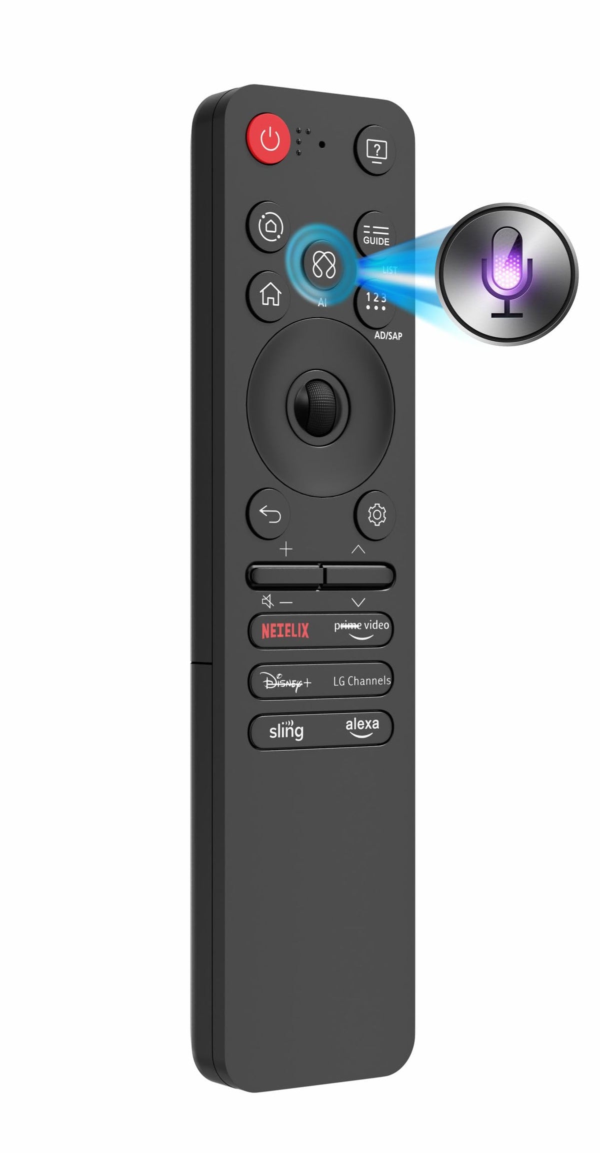 Alizen front view of remote showing keys and sleek design for easy control