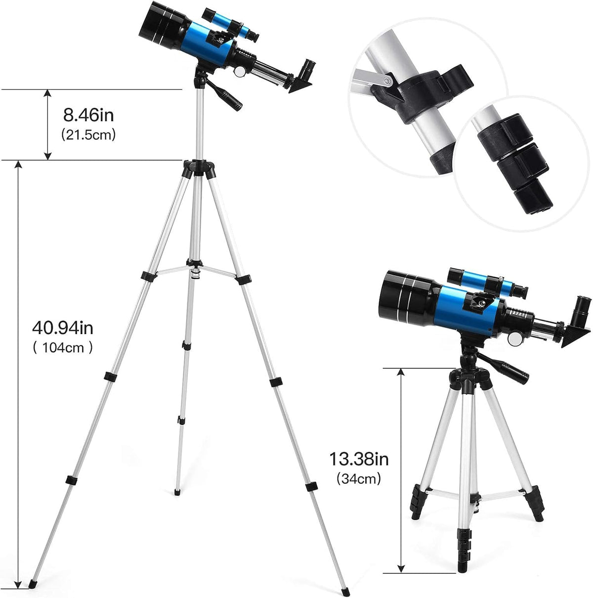 Alkinshue telescope Adjustable-Tripod provides flexible height for comfortable viewing.