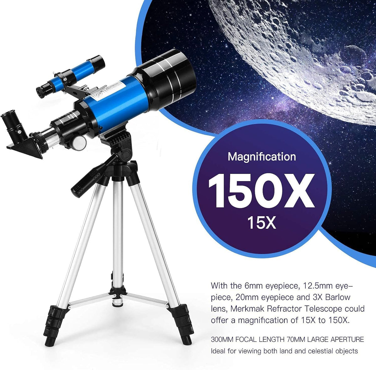 Alkinshue telescope Magnification-Range shows adjustable zoom options.