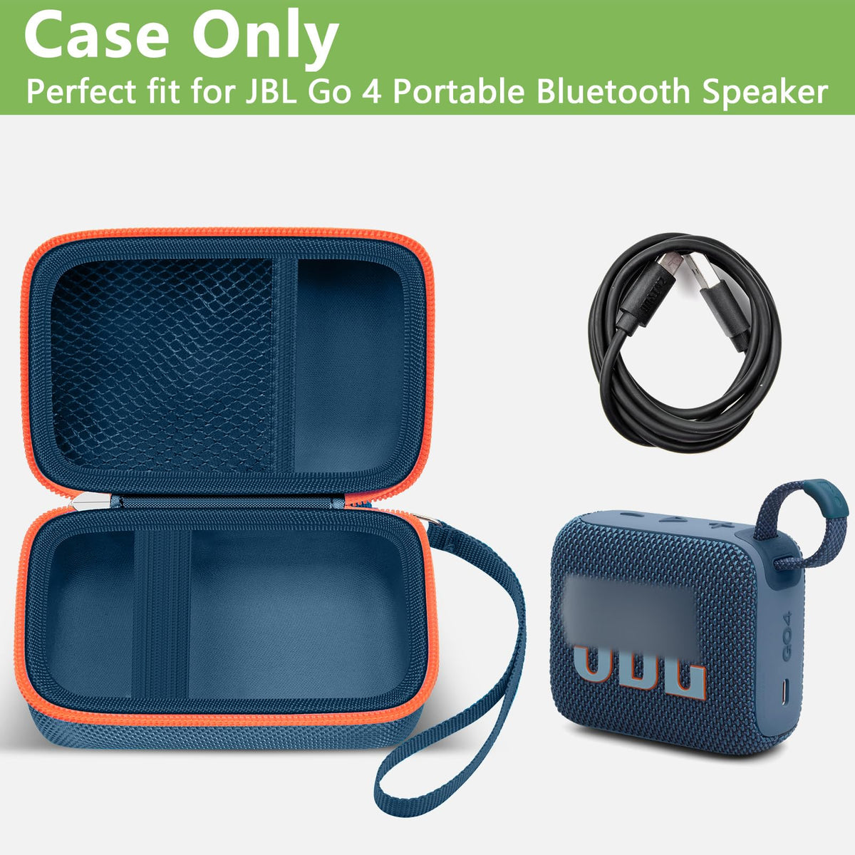 ALKOO JBL Go 4 case blue inside elastic strap keeps speaker secure during travel.