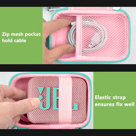 ALKOO JBL Go 4 pink case with detachable hand strap for easy carrying.