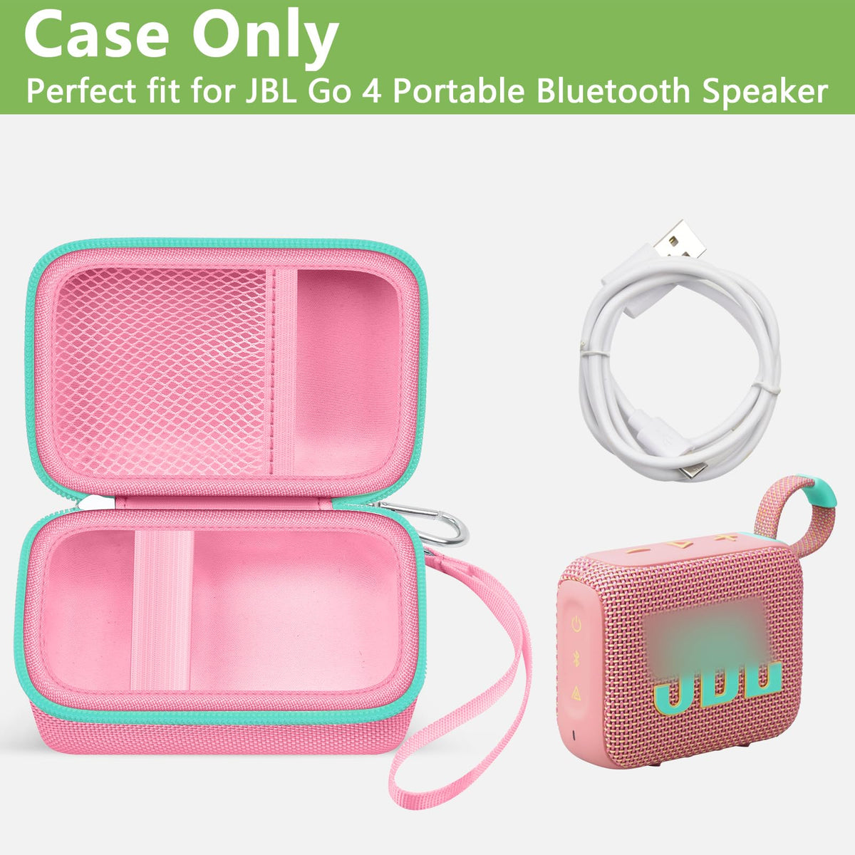 ALKOO JBL Go 4 pink case with elastic strap secures speaker on the go.