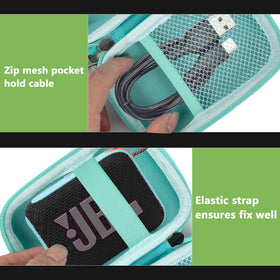 ALKOO JBL Go 4 case ready to hang on a backpack for hands-free transport.