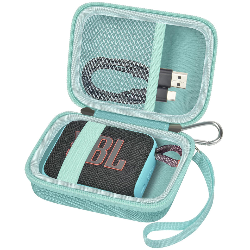 ALKOO JBL Go 4 case interior with elastic strap and mesh pocket for accessories.