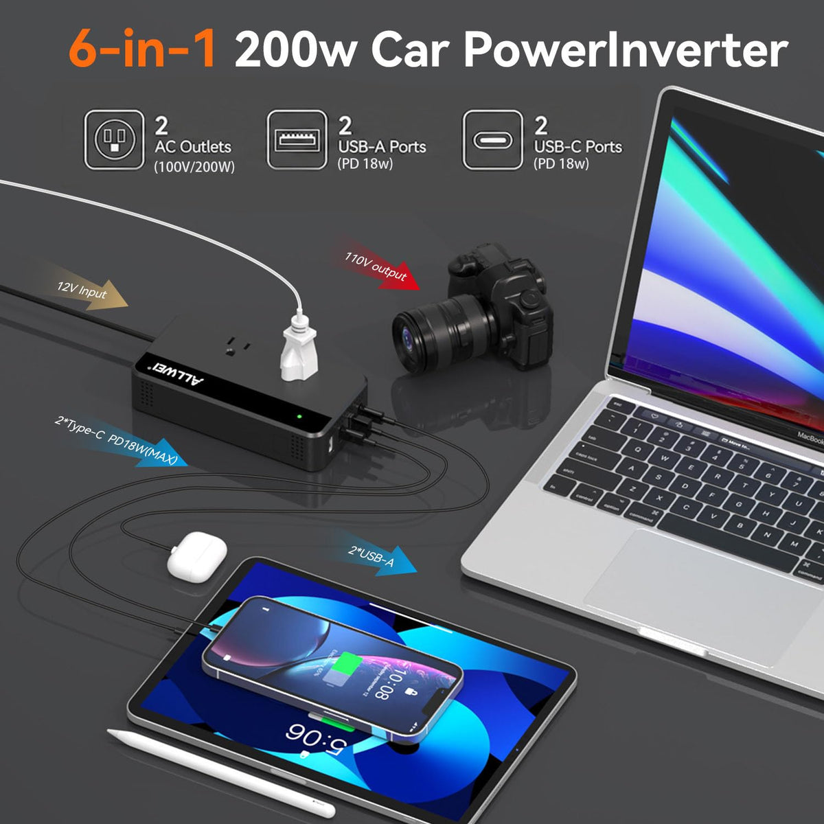 ALLWEI 200W car inverter cooling fan close-up illustrating quiet operation