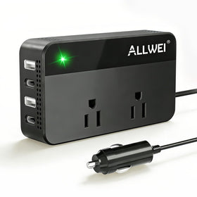 ALLWEI 200W car inverter front view with dual outlets for on-road charging