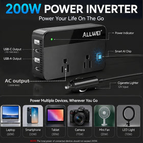 ALLWEI 200W inverter ports close-up showing USB-A and USB-C charging options