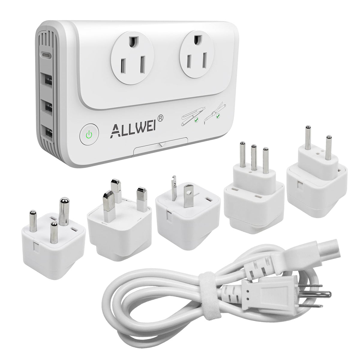 ALLWEI front view with five international adapters showing safe travel power