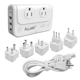 ALLWEI front view with five international adapters showing safe travel power