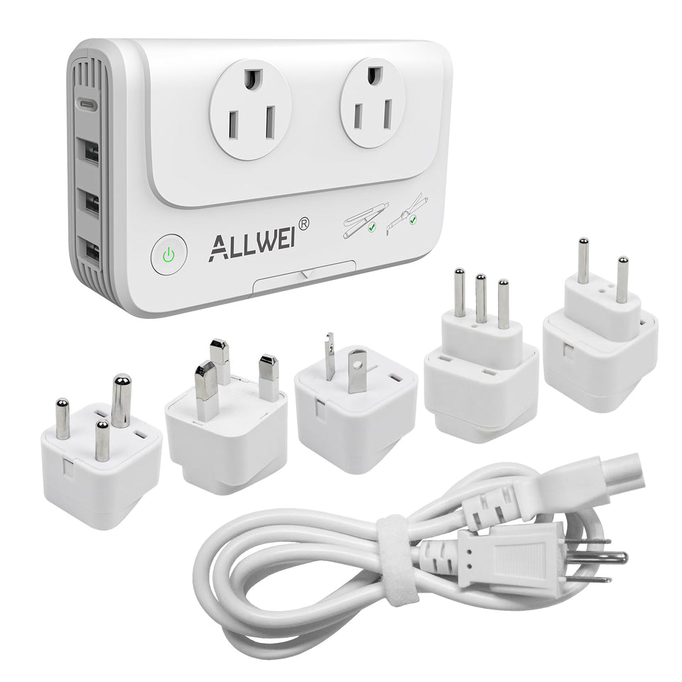 ALLWEI front view with five international adapters showing safe travel power