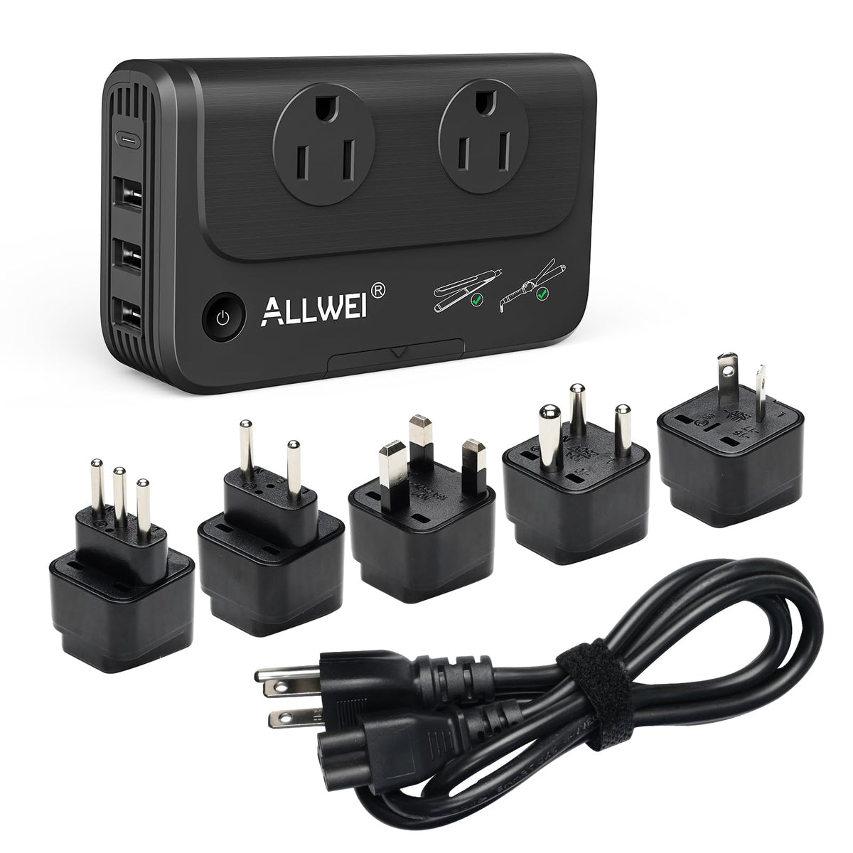 ALLWEI front view showing plug ports and compact design for easy travel