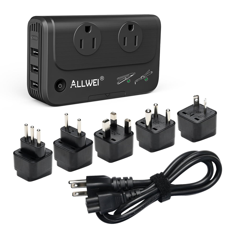 ALLWEI front view showing plug ports and compact design for easy travel