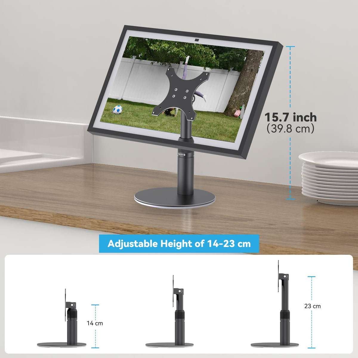 Almoz riser showing height adjustment up to 9.1 inches for ergonomic viewing