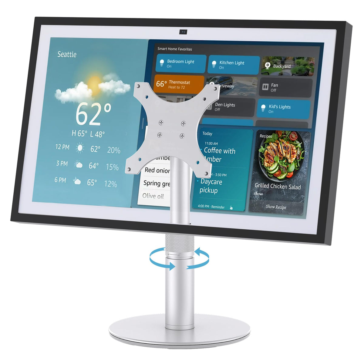 Almoz front view showing Echo Show 21 on raised stand, clear screen benefit