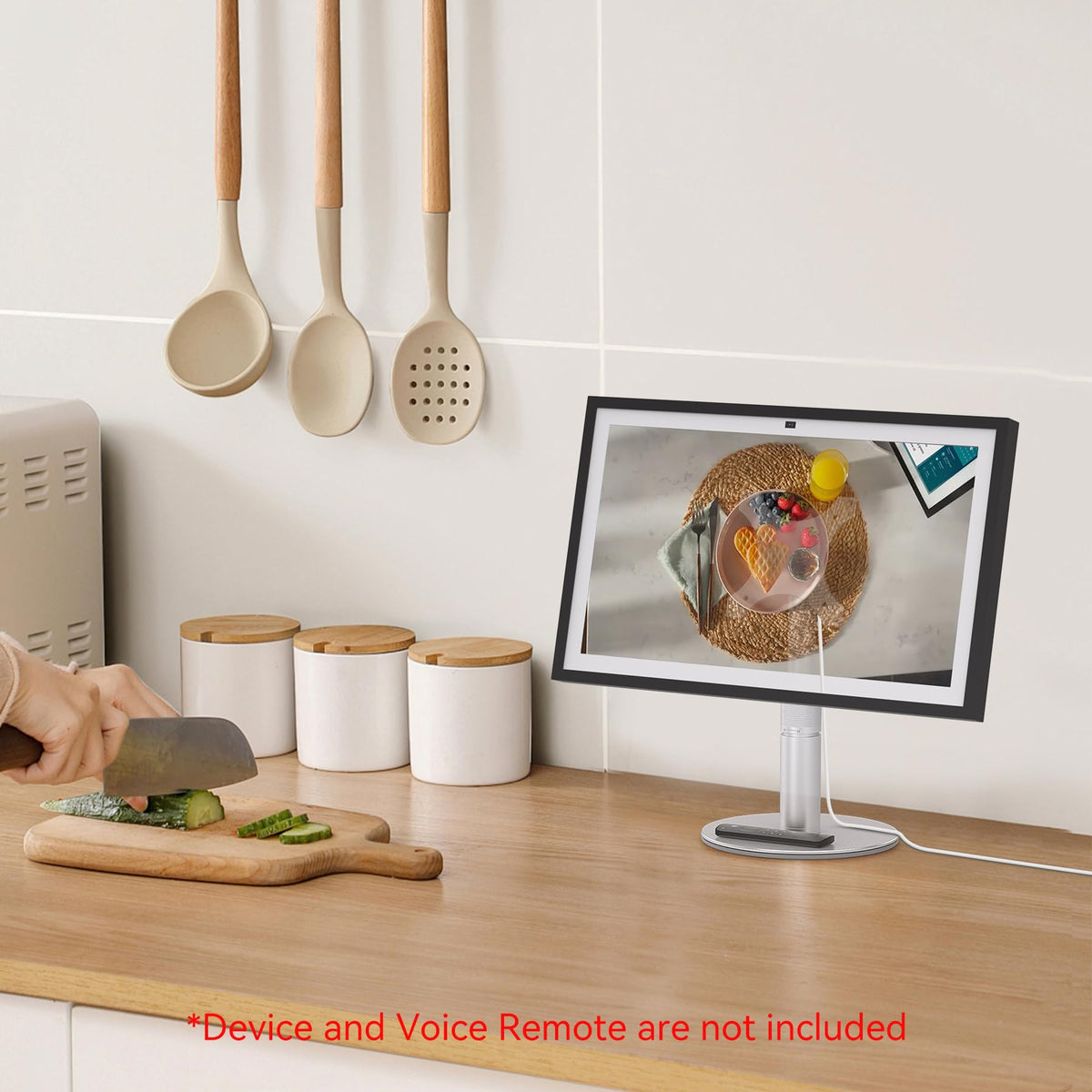 Almoz in kitchen lifestyle with Echo Show, keeps countertop organized