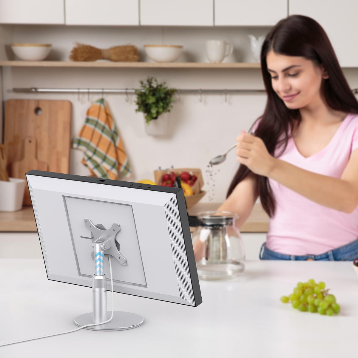 Almoz riser on kitchen counter with Echo Show showing convenient hands-free use