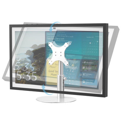 Almoz stand front view with Echo Show showing stable support and sleek silver finish