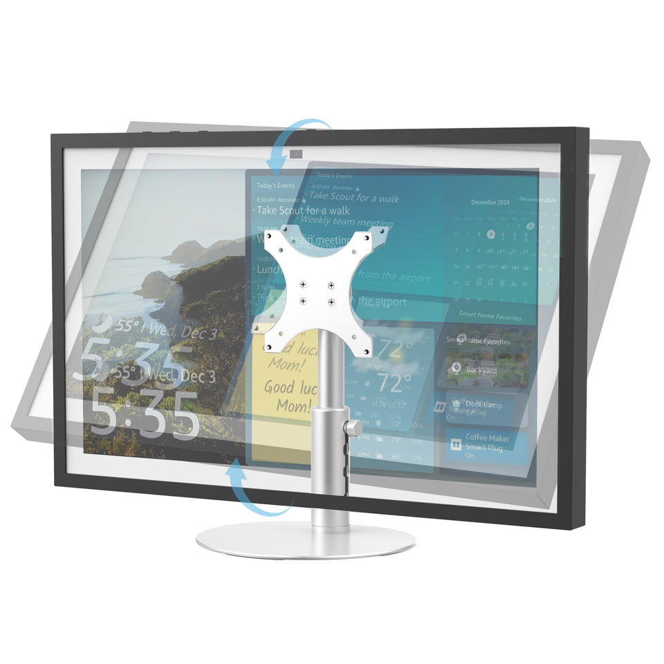Almoz stand front view with Echo Show showing stable support and sleek silver finish