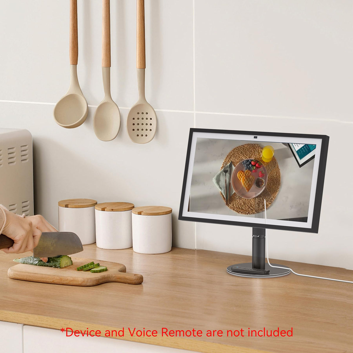 Almoz stand in kitchen with Echo Show, makes multitasking and viewing easier