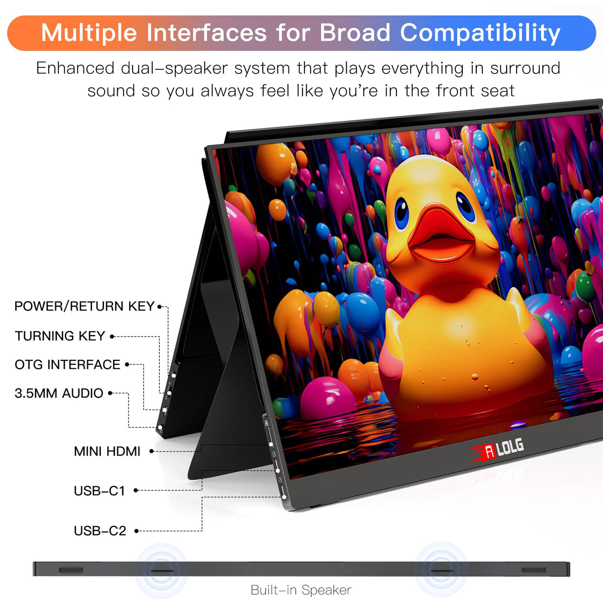 ALOLG portable monitor side ports with USB-C and Mini-HDMI for versatile connections.