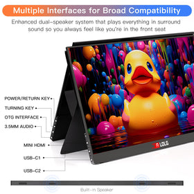 ALOLG portable monitor side ports with USB-C and Mini-HDMI for versatile connections.
