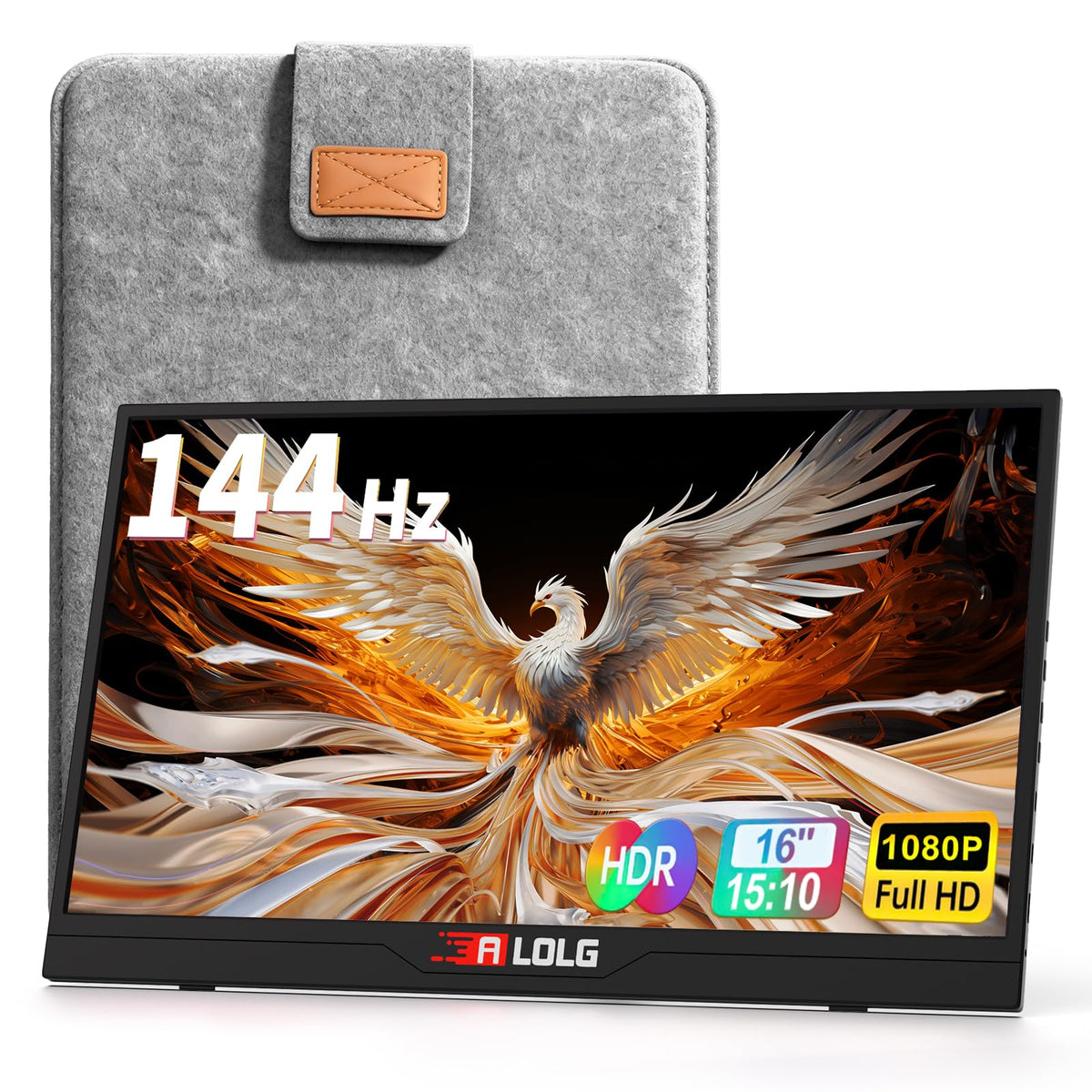 ALOLG 144Hz 16-inch portable monitor front view for crisp visuals on the go.