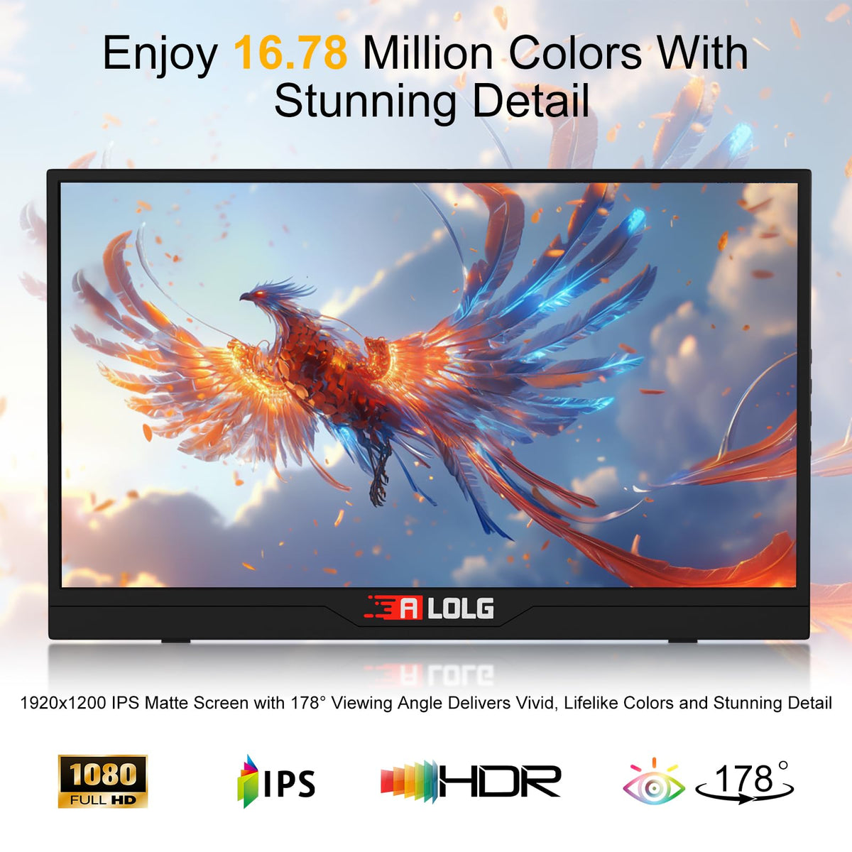 ALOLG portable monitor showing wide color and clarity on the IPS panel.
