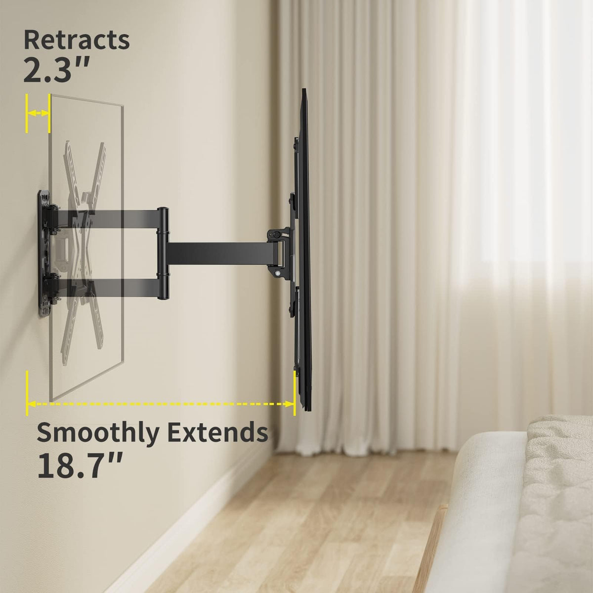Alphamount wall mount extended position for corner viewing and space saving