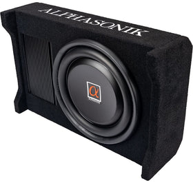 Alphasonik AS100A front view subwoofer with slim profile for tight spaces.