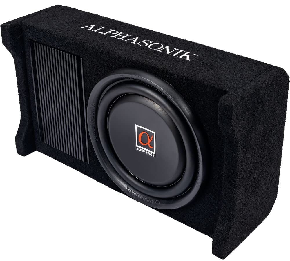 Alphasonik AS80A down-fire subwoofer in compact car install delivering deep, punchy bass.